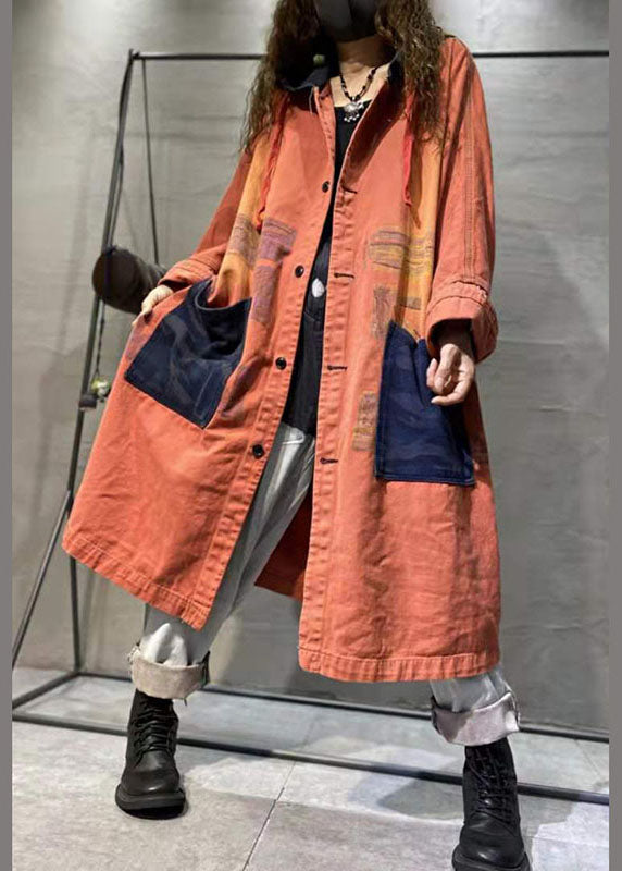 Handgefertigter orangefarbener Taschen-Knopf-beiläufiger Fall-Denim-Langarm-Mantel