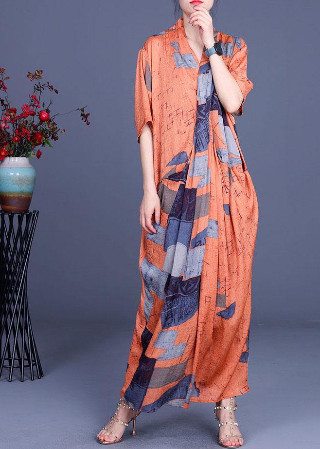 Handmade Orange Print asymmetrical design Loose Long Summer Dress - SooLinen