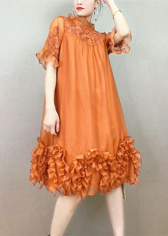 Handmade Orange Ruffled Embroidered Patchwork Tulle Dress Summer