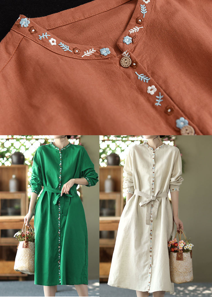 Handmade Orange Stand Collar Embroidered Linen Vacation Dresses Long Sleeve