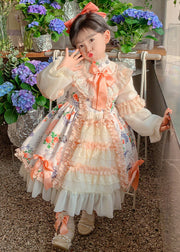 Handmade Orange Stand Collar Print Lace Patchwork Girls Long Dresses Fall