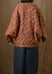 Handmade Orange V Neck Print Pockets Plus Size Fine Cotton Filled Jacket Batwing Sleeve