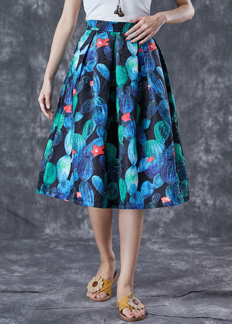 Handmade Peacock Blue High Waist Print Skirt Summer