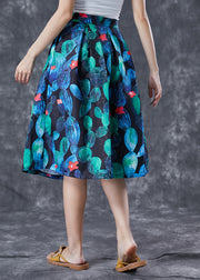 Handmade Peacock Blue High Waist Print Skirt Summer