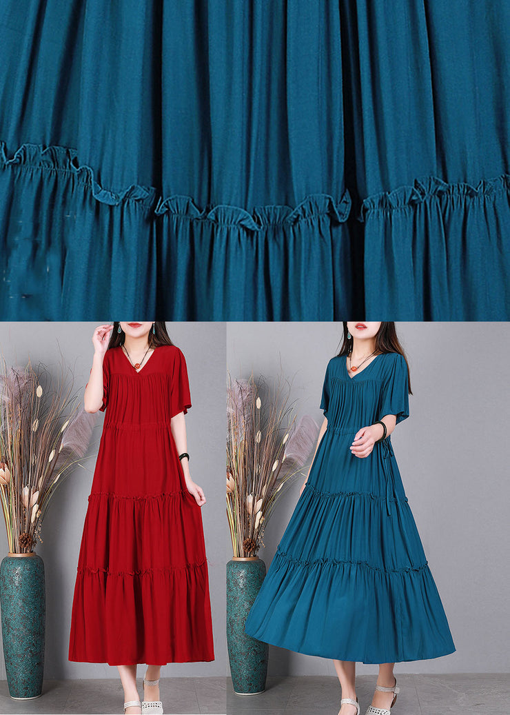 Handmade Peacock Blue V Neck Solid Color Cotton Maxi Dresses Short Sleeve