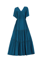 Handmade Peacock Blue V Neck Solid Color Cotton Maxi Dresses Short Sleeve