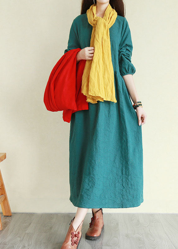 Handgefertigte Pfauengrüne O-Neck-Knöpfe mit Cinched Long Dresses Long Sleeve
