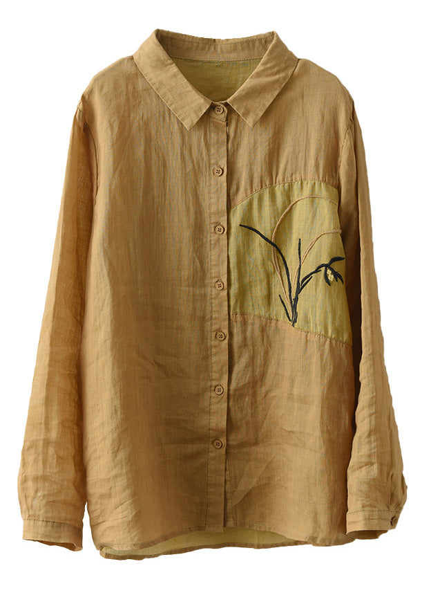 Handmade Peter Pan Collar Embroidered Button Ramie Shirts Long Sleeve