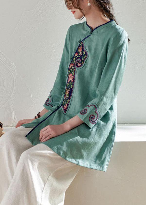 Handmade Pink Button Embroideried Summer Linen Blouses - SooLinen