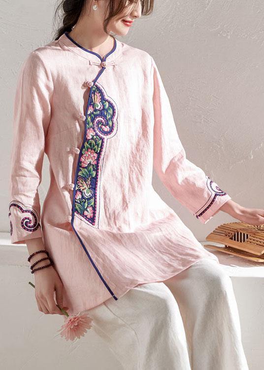 Handmade Pink Button Embroideried Summer Linen Blouses - SooLinen