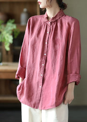 Handgefertigte rosa bestickte Patchwork-Leinenhemden mit langen Ärmeln