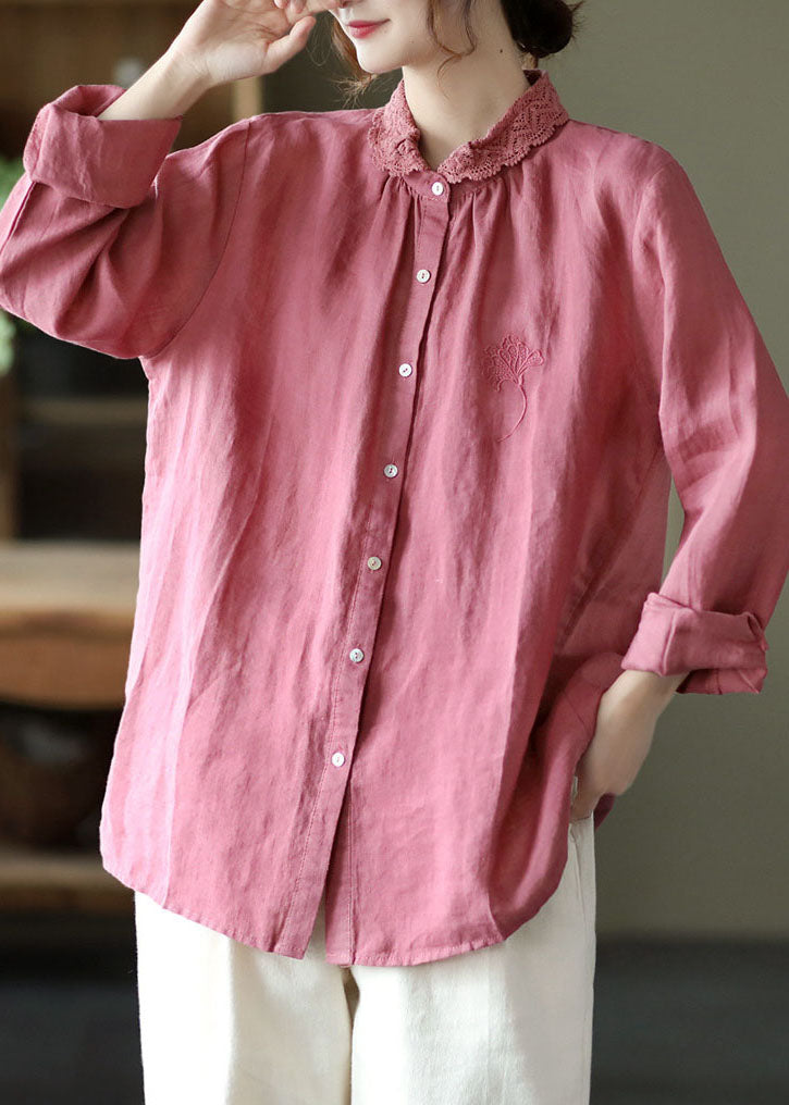 Handgefertigte rosa bestickte Patchwork-Leinenhemden mit langen Ärmeln