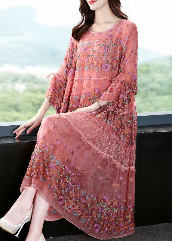 Handmade Pink Embroidered Oversized Silk Vacation Dresses Flare Sleeve