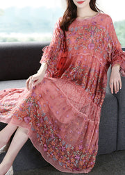 Handmade Pink Embroidered Oversized Silk Vacation Dresses Flare Sleeve