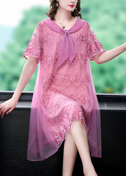 Handmade Pink Embroidered Patchwork Exra Large Hem Tulle Dresses Summer