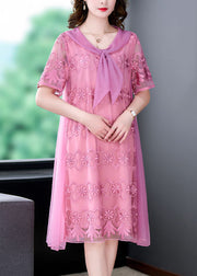 Handmade Pink Embroidered Patchwork Exra Large Hem Tulle Dresses Summer
