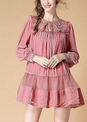 Handmade Pink Embroidered Patchwork wrinkled Fall Long sleeve Dress