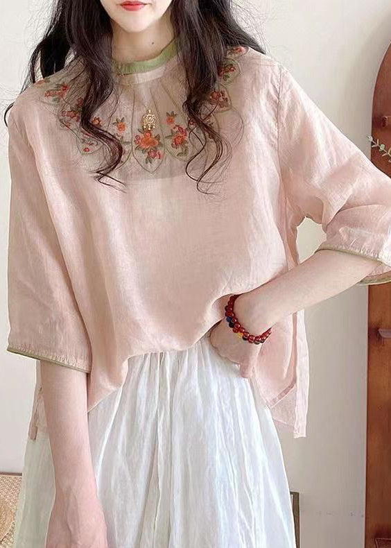 Handmade Pink O Neck Embroideried Cotton Shirt Half Sleeve