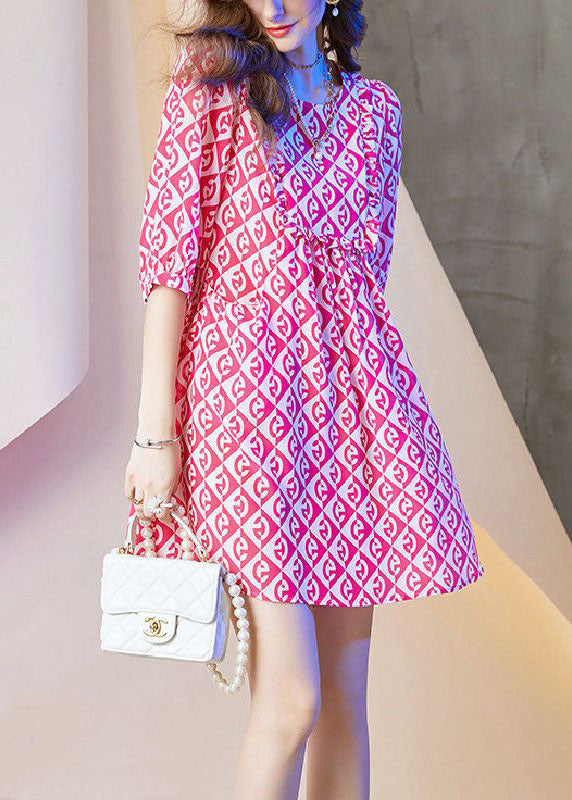 Handmade Pink O Neck Plaid Print Chiffon Shift Dresses Summer