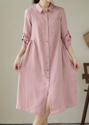 Handmade Pink Peter Pan Collar Patchwork Linen Dresses Summer