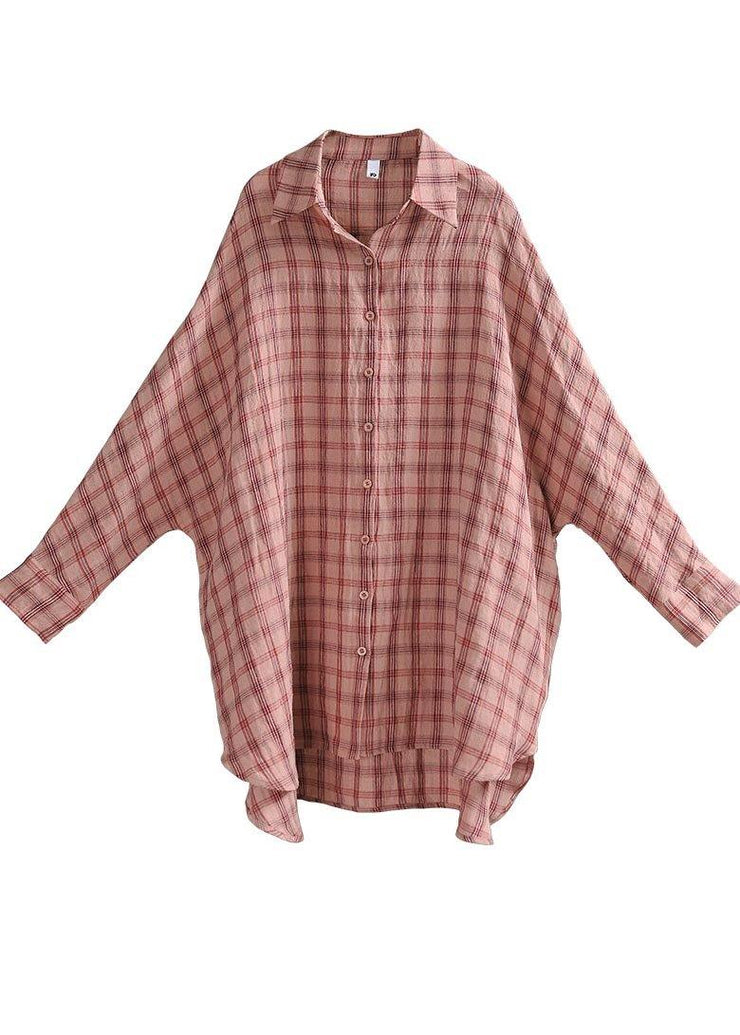 Handmade Pink Plaid Peter Pan Collar Cotton Shirts Summer - SooLinen