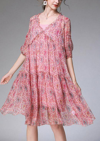 Handmade Pink Print Chiffon Patchwork Summer Ankle Dress - SooLinen