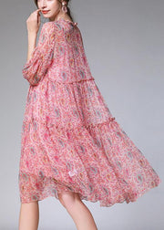 Handmade Pink Print Chiffon Patchwork Summer Ankle Dress - SooLinen