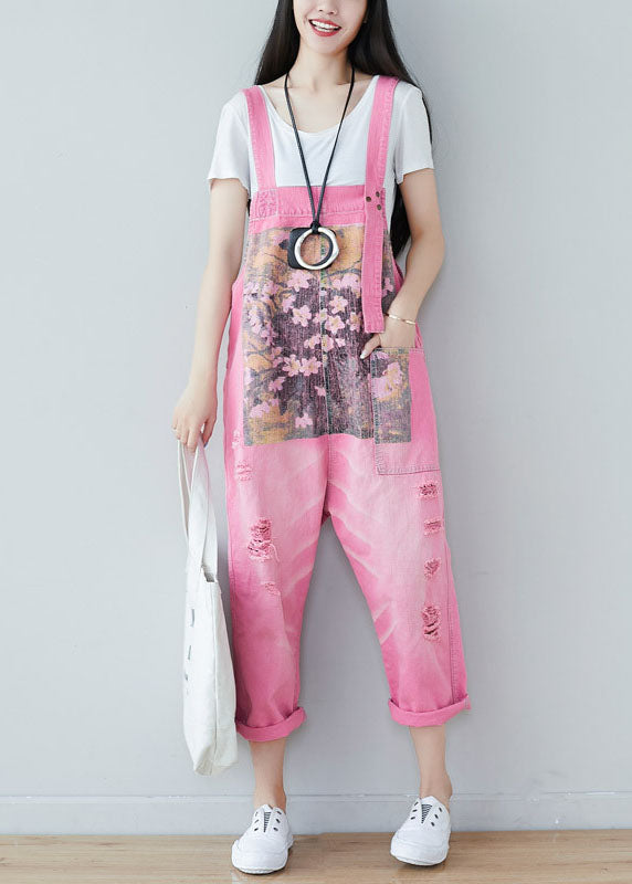 Handmade Pink Print Denim Straight Jumpsuits Spring