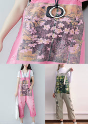 Handmade Pink Print Denim Straight Jumpsuits Spring