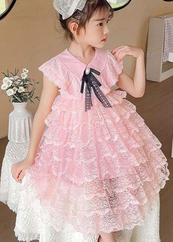 Handmade Pink Ruffled Layered Patchwork Lace Kids Girls Dress Summer