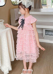 Handmade Pink Ruffled Layered Patchwork Lace Kids Girls Dress Summer