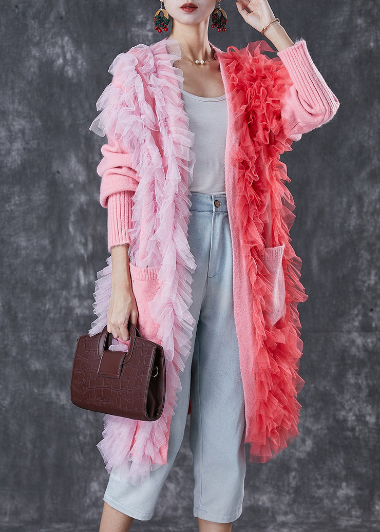 Handmade Pink Ruffled Patchwork Knit Cardigan Spring