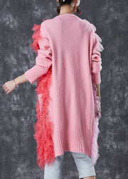 Handmade Pink Ruffled Patchwork Knit Cardigan Spring