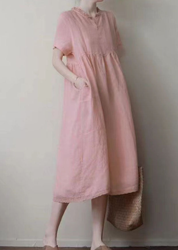 Handmade Pink Ruffled Patchwork Linen Dress Summer
