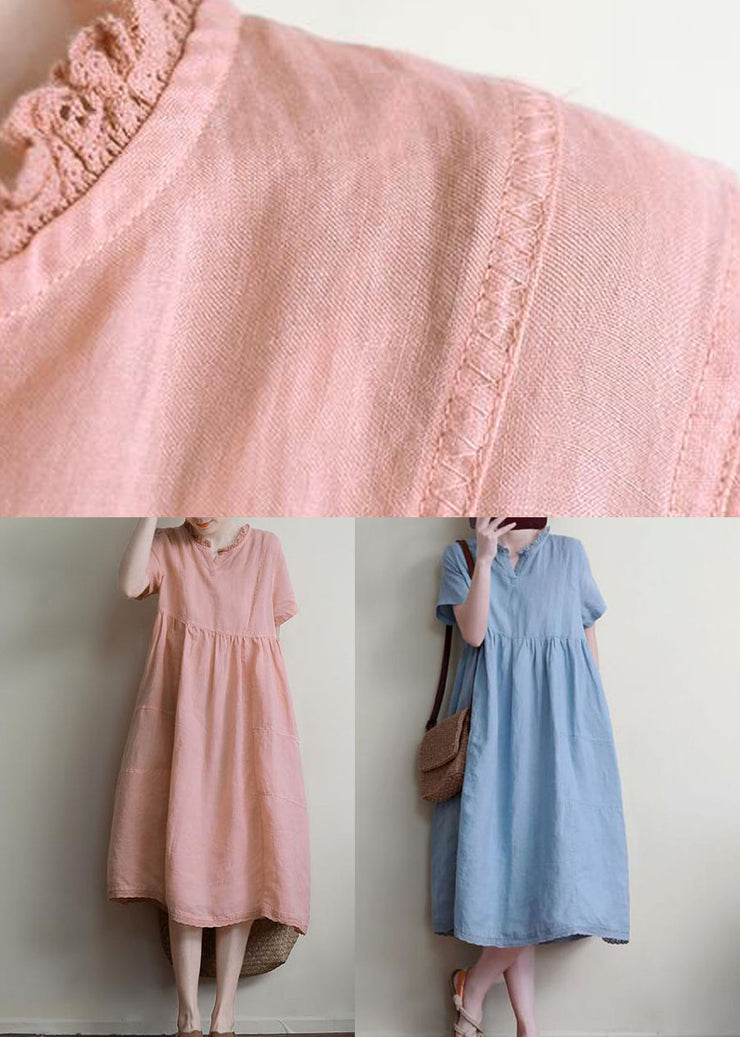 Handmade Pink Ruffled Patchwork Linen Dress Summer