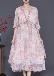 Handmade Pink Ruffled Print Chiffon Holiday Dress Spring