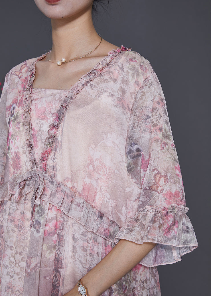 Handmade Pink Ruffled Print Chiffon Holiday Dress Spring