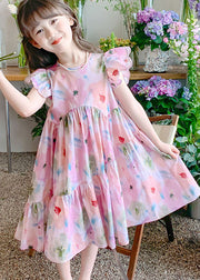 Handmade Pink Ruffled Print Patchwork Cotton Kids Girls Dresses Summer