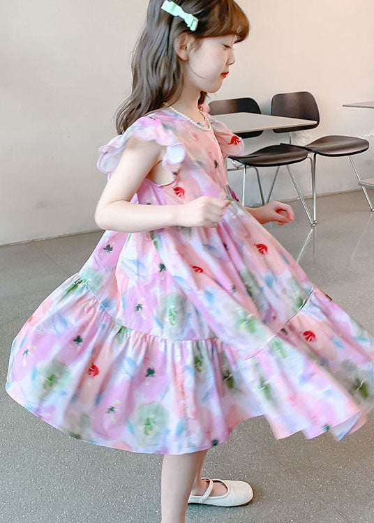 Handmade Pink Ruffled Print Patchwork Cotton Kids Girls Dresses Summer
