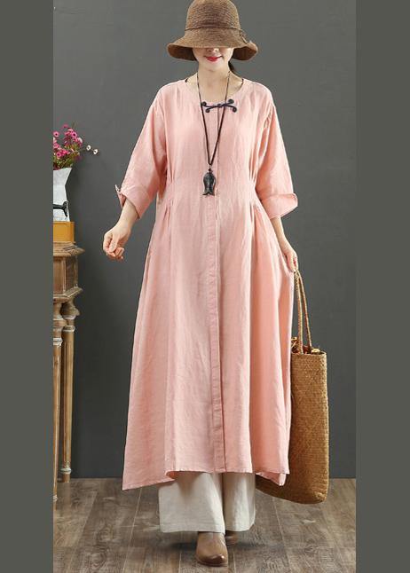 Handmade Pink Tunic Top O Neck Patchwork Maxi Spring Dresses - SooLinen