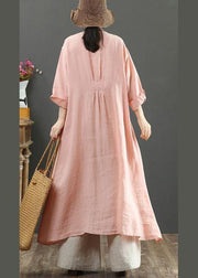 Handmade Pink Tunic Top O Neck Patchwork Maxi Spring Dresses - SooLinen