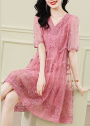 Handmade Pink V Neck Embroidered Patchwork Tulle Dresses Summer