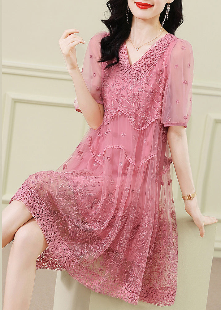 Handmade Pink V Neck Embroidered Patchwork Tulle Dresses Summer