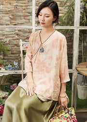 Handmade Pink V Neck Jacquard Silk Top Long Sleeve