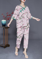 Handmade Pink V Neck Print Silk Two Piece Set Outfits Half Sleeve