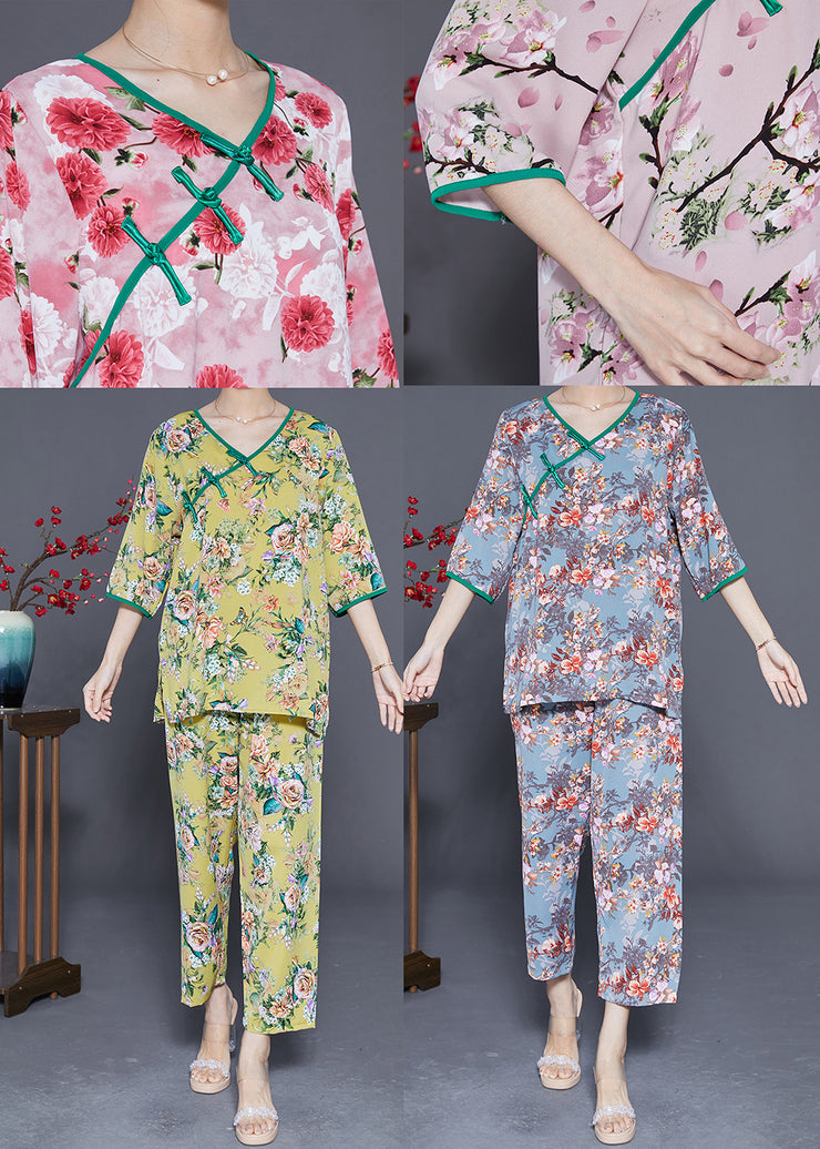 Handmade Pink V Neck Print Silk Two Piece Set Outfits Half Sleeve