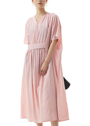 Handmade Pink V Neck Wrinkled Patchwork Cotton Dress Summer