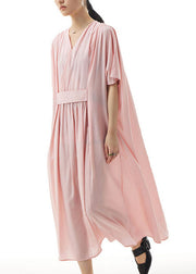 Handmade Pink V Neck Wrinkled Patchwork Cotton Dress Summer