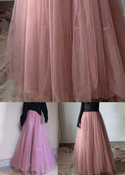 Handmade Pink Wrinkled High Waist Tulle Skirts Spring