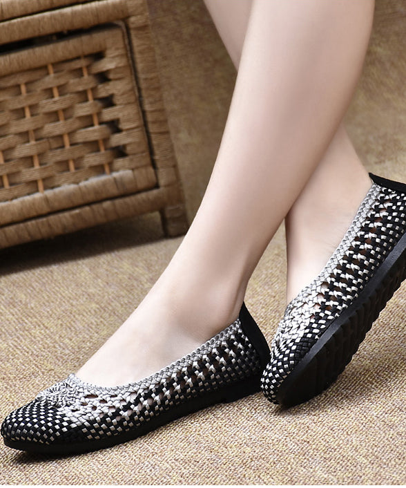 Handgefertigte flache Schuhe mit spitzer Zehenpartie für Damen Beige Kaffee Strickstoff Wohnungen